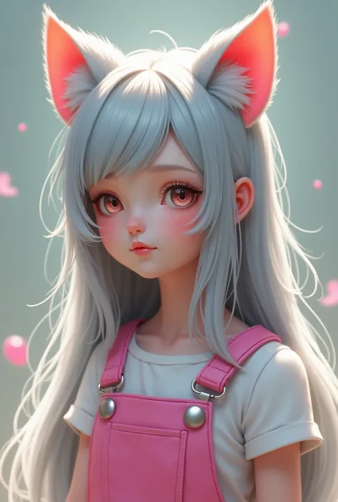 girl with long grey hair and cats ears in pink overalls