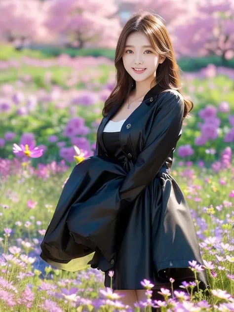 Photo-realistic quality、Standing in a cosmos flower field holding a black jacket,  Girl standing in a flower field, Girl in the flower garden, Wearing white clothes and a miniskirt 、 In the flowering field、Looking at the camera、Detailed and beautiful eyes、...