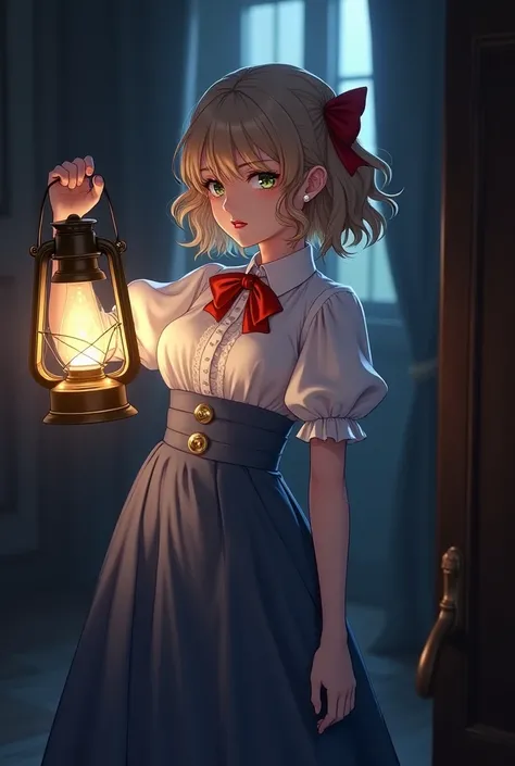 An anime young adult girl with a 1880s dress with a white shirt with puff long sleeves and a long blue skirt,a red pin with golden detailes on the shirts neck,has loose light brown curly hair with a red bow,pearl earrings,red lips,olive green eyes holding ...