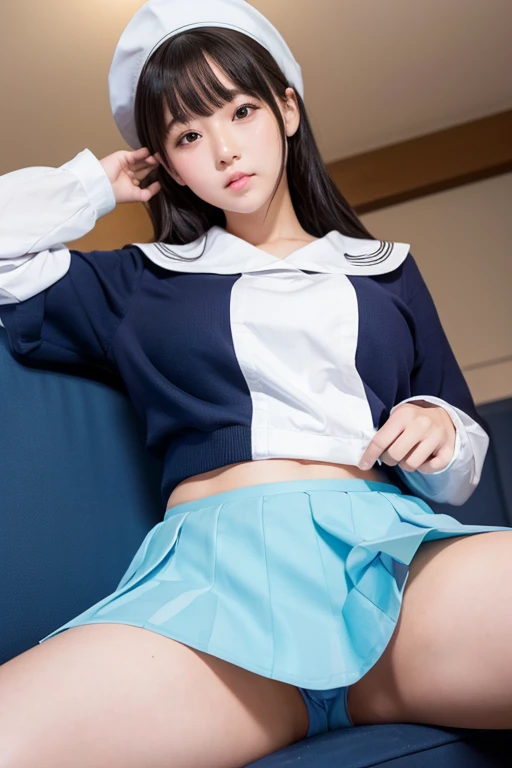 One high school girl，Sailor suit，mini skirt，Knee-high socks，sexy，Soft thighs，Glowing Skin，Beautiful Hair，Angle from below，Plumpな太もも，Thick thighs，Delicate expression，Detailed body，Wet body，Plump，High exposure、Spread your legs，Thigh Zoom，panties，Shyness，Beau...