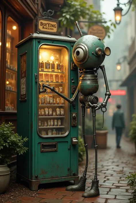 Antique vending machine has long arms and legs,Starbucks Coffee vending machine running with coffee,cute,Best Quality,movie, 