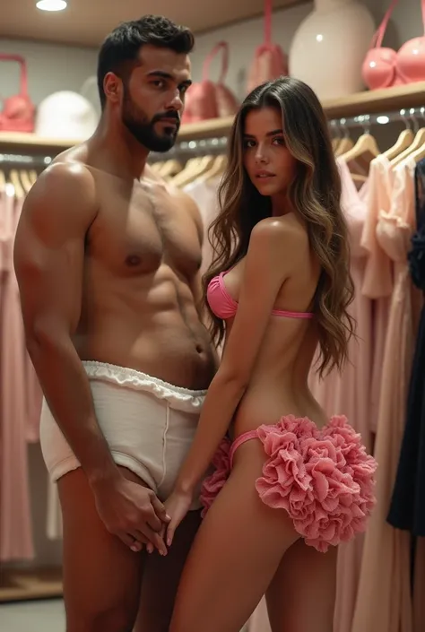 A man dressed in a extremely thick diaper and a lady wearing pvc holding a pair of frilly pink panties stood in a lingerie store 