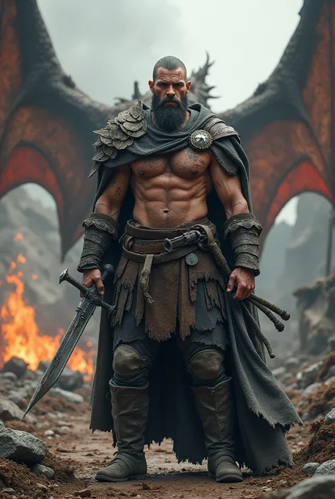 northern man, warrior in a destroyed and burning village, your armor destroyed, your naked body, dirty with foliage, scratch marks, holding a sword, in the background a fallen dragon, downcast, dead, with huge wings. Extreme image quality, many details, da...