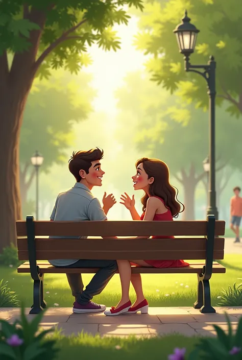 man talking with woman happliy on bench in a park in a romantic weather