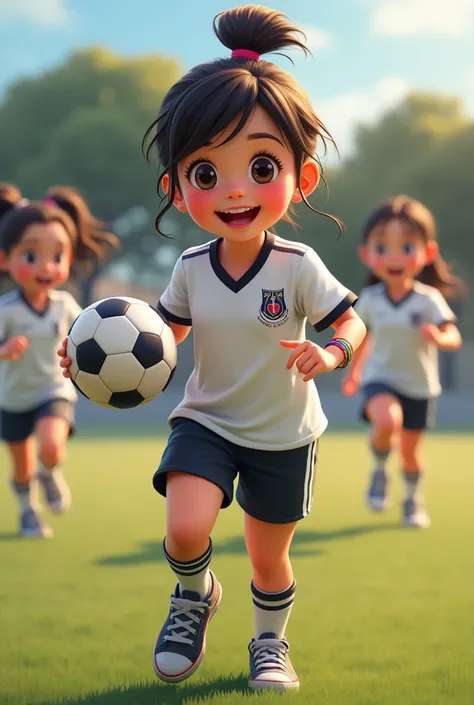 AGE: 10 years Hair: dark brown, collected in a ponytail bun, leaving some loose strands framing her face.
CLOTHES: He is wearing a Colo Colo football team shirt., which is white with black details and the team logo on the front.
pants: Wear black sports sh...