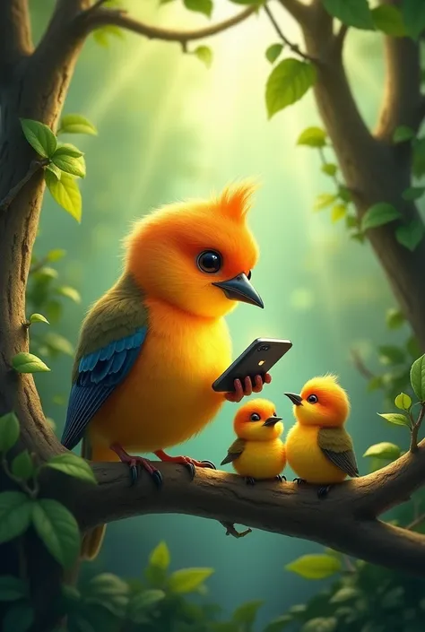 A bird ignoring its family due to cell phone addiction 
