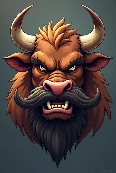 Create an emoji with an angry horned bull face and mustache