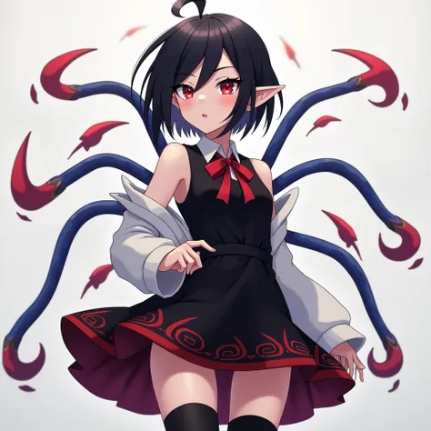 Anime Girl、Black short bob、Asymmetrical hairstyle、Red Eye、Slanted Eyes、Elf Ears、Black dress、Red ribbon on chest、Black mini skirt、Red swirl pattern on the hem of the skirt、Black knee socks、Three red sickles hanging from his back、Three blue tentacles coming ...