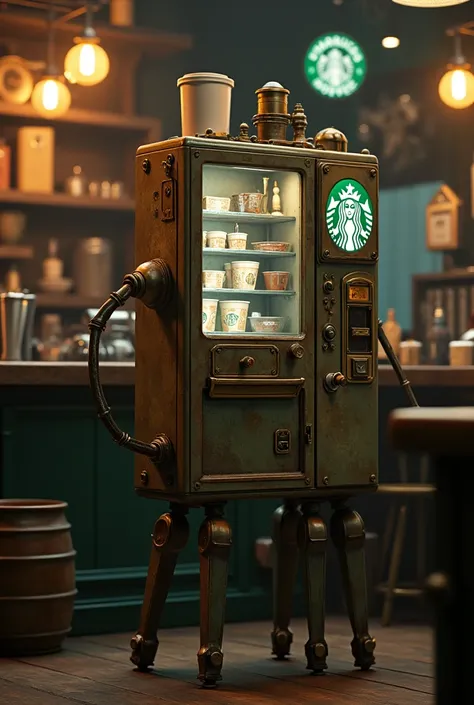 Antique vending machine has long arms and legs,Starbucks vending machine running with coffee,cute,Best Quality,movie, 