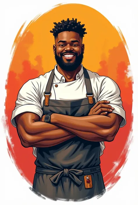 a round logo with a fat beardless black man in a chef apron, with arms crossed in hand,glad, and very colorful in drawing format