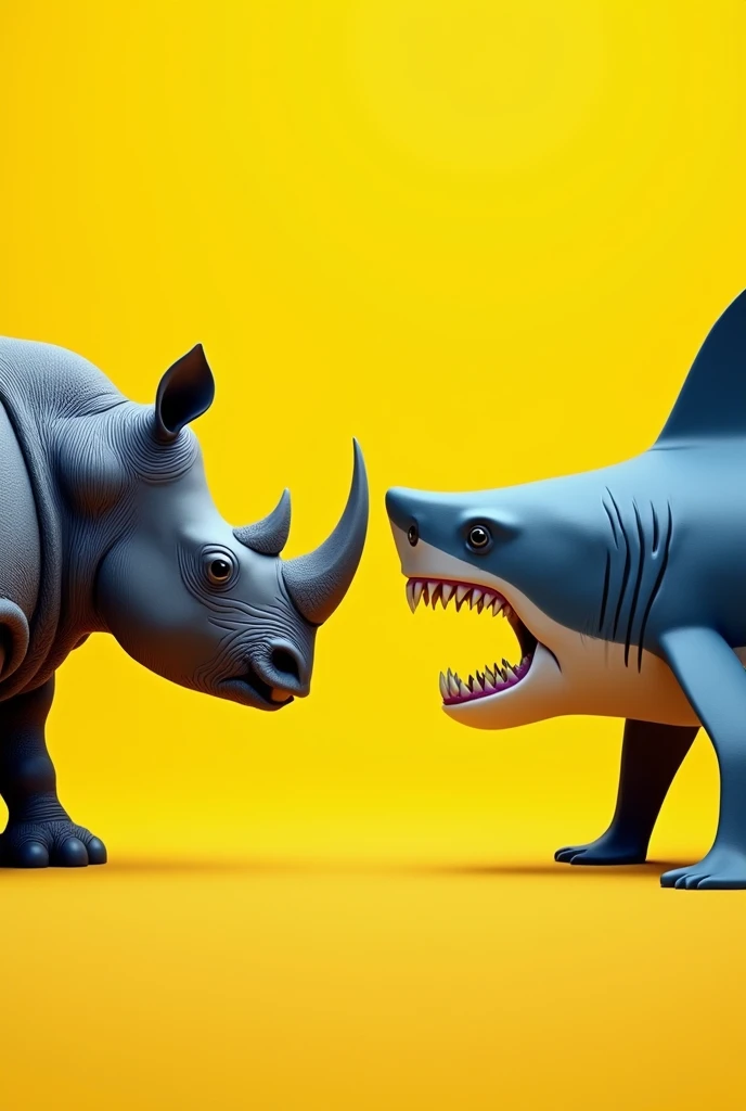 Rhino and  The shark are standing face to face but are standing separately, the background is yellow 