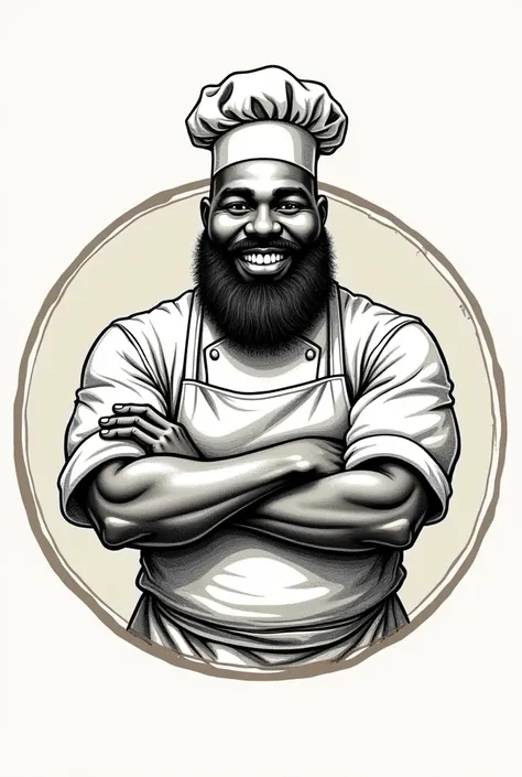 a round logo with a fat black man, sem beard, fat man with chef apron, with arms crossed,glad, and in drawing format