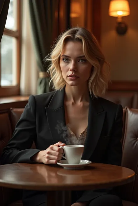 Scarlett Johansson drinking coffee in a restaurant 