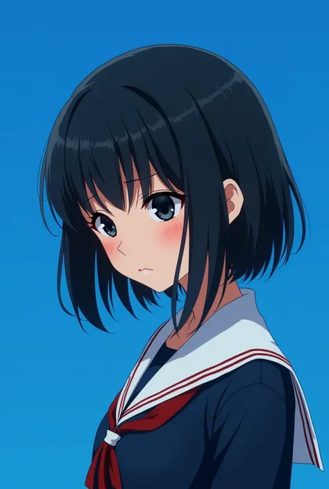 A beautiful girl who wears a college uniform with black eyes and has blue background
, Black Hair, Blush, , looks down sad, AI human more realistic cartoonShort Hair, 