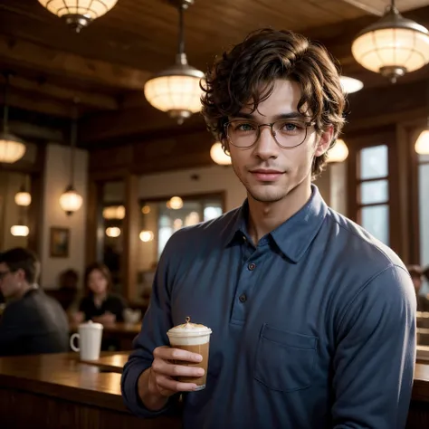 a handsome man with curly brown hair wearing glasses, detailed facial features, sharp jawline, warm smile, wearing a blue collared shirt, standing in a cozy coffee shop interior with warm lighting, cinematic composition, high quality, photorealistic, intri...