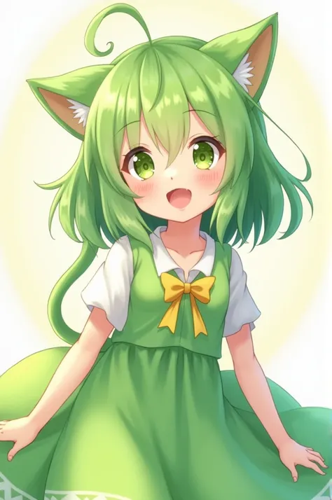 Cute anime girl, with green hair, green dress, smiling, open mouth, with cat ears, and with earrings