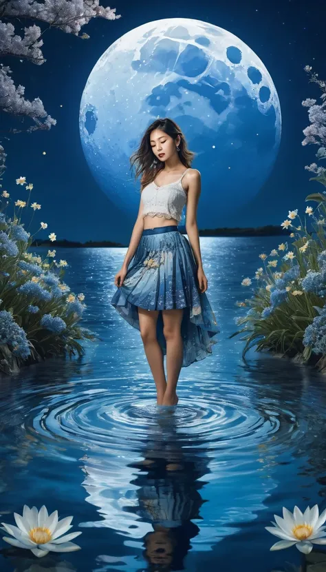 photo, Extremely detailed, a woman in skirt, under moon, water, flower, Blue Theme,  