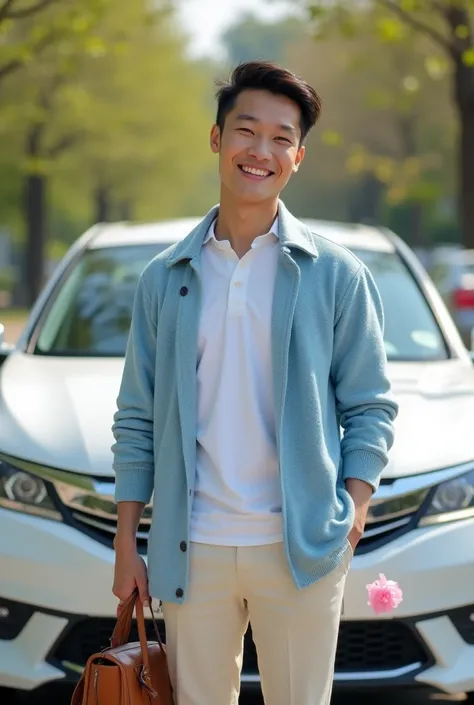 Smart smiling thai gay bright skin wear pastel blue cardigan, holding medium size brown handbag and holding soft pink peony, standing next to a white Hondda accord 2016