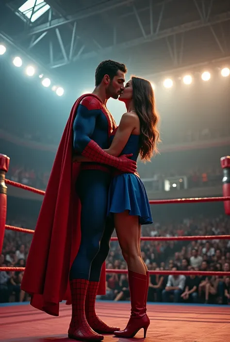 Spiderman kissing super woman at boxing land 