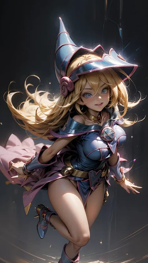 (masterpiece:1.2), (The best quality:1.2), perfect lighting, Dark Magician Girl BLONDE BLUE EYES VOLUPTUOUS ,casting a spell, in battle. floating in the air, medium sized boobs visible, transparent neckline, blue robe, big hat, from above, Sparkles, Yugioh...