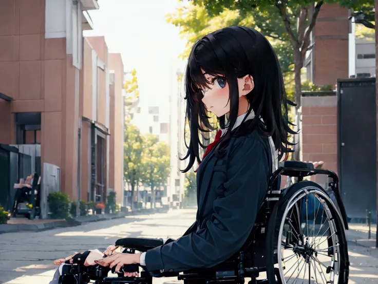 best quality, masterpiece, high resolution, one girl　high school student　high school uniform　black hair　long hair　(wheelchair)　s...