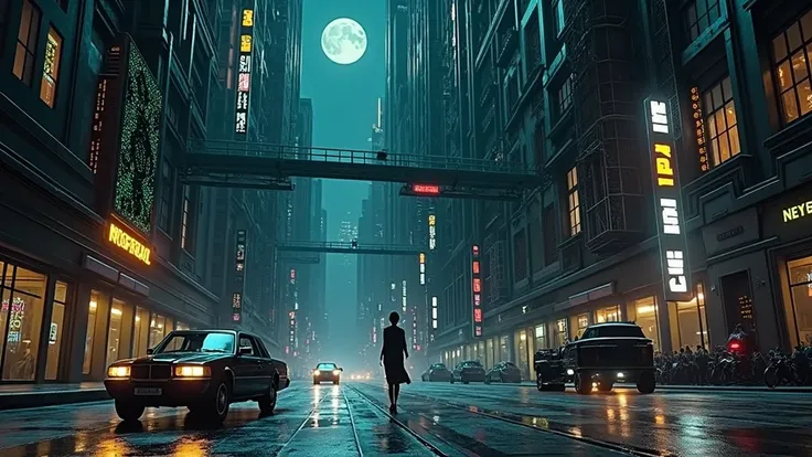 A fantasy city at night, maze-like streets, integrated-circuit-like buildings, 1920s cars, very dark sky, dark background. High-resolution OLED GUI interfaces in the building, The windows are filled with transparent data visualization infographics, close-u...