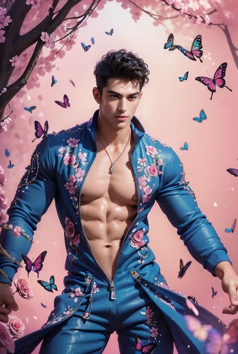  (absurdres, highres, ultra detailed, Ultra HD), ((a tall handsome muscular young man with a strong physique, solo, male model modern clothing, Full length portrait: 1.5, wearing (peacock color zip-up jumpsuit) that is unzipped revealing his chest and abs,...