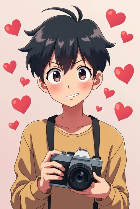 A person awkwardly holding a camera, smiling nervously, with a heart and dating icons around them. anime style , teenage 