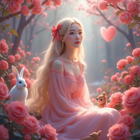 A beautiful smooth white Korean woman with long blonde hair and blue eyes was sitting among a beautiful and spectacular forest of red and pink roses. The girl was wearing a pink dress with two red ribbons in her hair. He is surrounded by beautiful animals,...