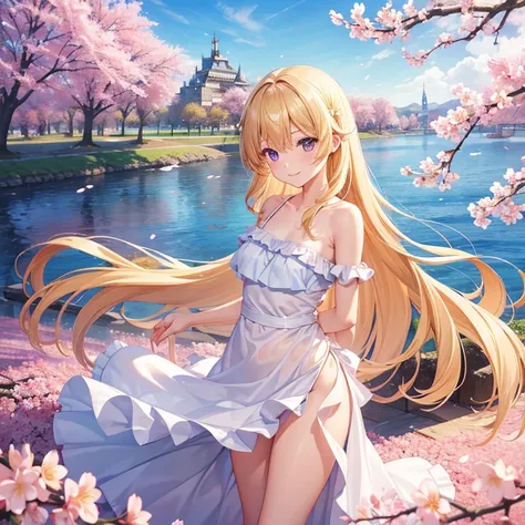 (Best Quality),(masterpiece),One Girl、Iris、Long blonde、smile、naked、Small breasts、Ruffled bra、Ruffled panties、Facing forward、(Stand with your arms tucked behind your back)、Sunny sky, cherry blossoms and European castle background、Perfect Anatomy、Super detai...