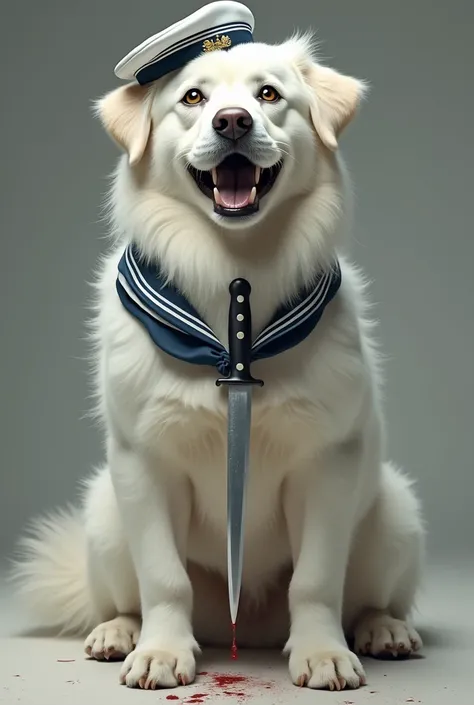 Un 🐕 blanco con sombrero de marinero y un cuchillo en el pecho