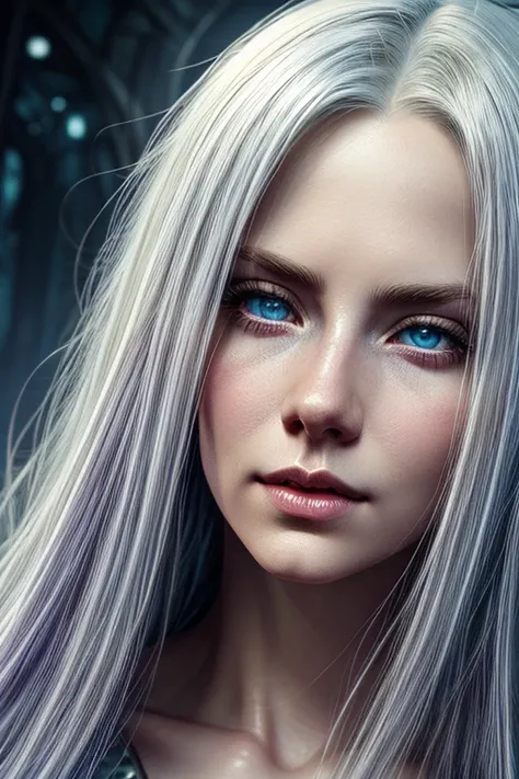 a close-up of a woman with long white hair and blue eyes, Neoartcore und Charlie Bowater, Charlie Bowater Character Art, fantasy concept art portrait, Fantasy Art Portrait, detailed matte fantasy portrait, beautiful Fantasy Art Portrait, fantasy art style,...