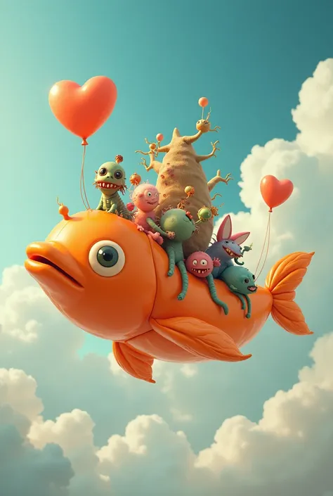 A cute, long, orange balloon fish is floating in the sky with a bunch of monsters attached to it.
