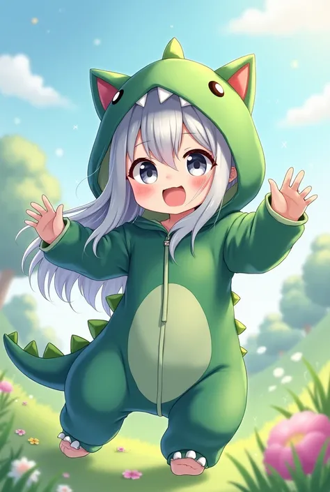 anime girl with long grey hair and grey eyes and cats ears in green dinosaur onesie