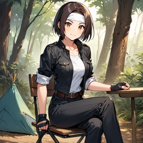 Camp Girls, Alone, Age 20, High Resolution, High Quality, Dressed in ((black jacket with rolled up sleeves)), fingerless gloves, white T-shirt, ((white headband)), long black pants, white shoes, brown belt, black short cut, shallow brown hair, ((cap)), lar...