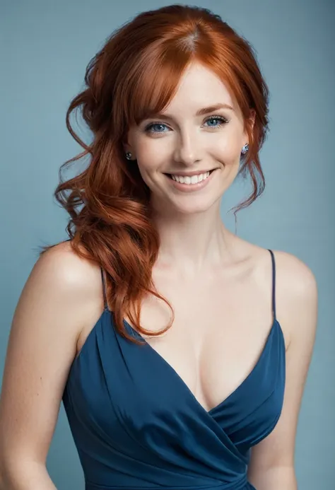 red-haired woman, smiling, 2, Piercing gaze, detailed face, corpo fit, blue dress, Looking at camera, Full body photo
