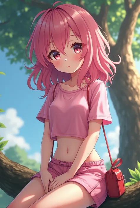 Masterpiece, one girl, has six cute abbs, solo, pink-haired anime character, wearing a pink T-shirt that exposes her belly and shorts, clutches a handbag close, a rosy blush graces her cheeks, her eyes, large and expressive, hold a subtle shine, delicately...