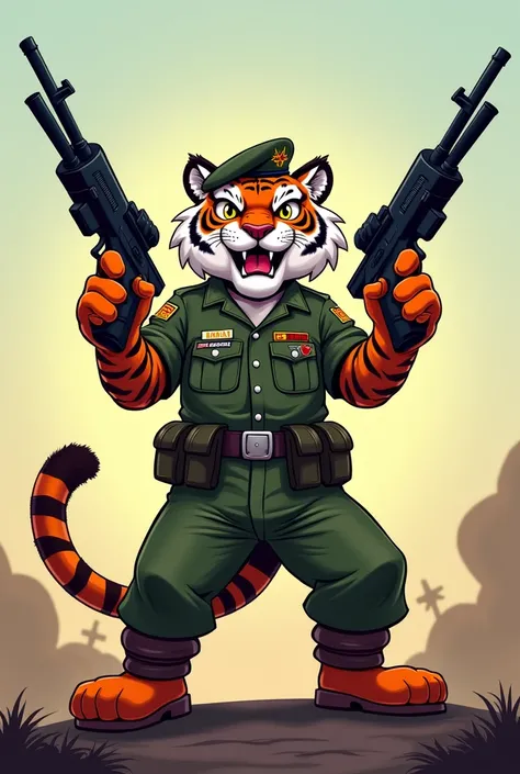 A cartoon of tiger in military holding gun with one hand and a gun with other hand