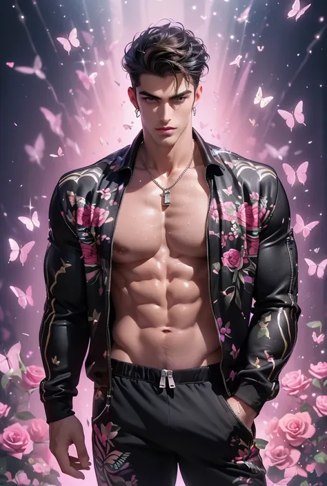  (absurdres, highres, ultra detailed, Ultra HD), ((a tall handsome muscular young man with a strong physique, solo, male model modern clothing, Full length portrait: 1.5, wearing (zebra color print zip-up jumpsuit) that is unzipped revealing his chest and ...