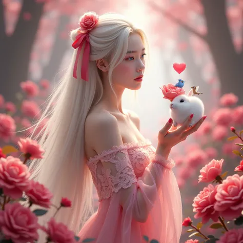 A beautiful Korean woman with smooth white skin with long blonde hair and blue eyes was sitting among a beautiful and spectacular forest of red and pink roses. The girl was wearing a pink shawl-shouldered transparent lace dress with two red ribbons in her ...