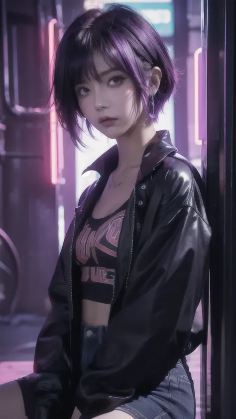 (ultra-realistic, highres, best quality, 4k, professional, cowboy shot), an image of a character sitting in a neon lit area, beauty eyes, sharp eyes. Her Asymmetric Pixie hairstyle, purple hair, short hair, and left-facing bangs with red highlights make he...