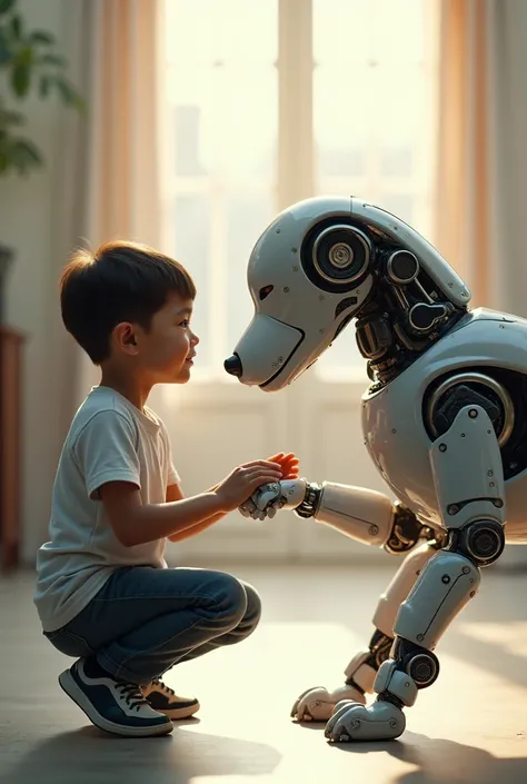 the boy y el perro robot: the boy, kneeling and holding the robot dog&#39;s paw, is the central focus. His facial expression is one of curiosity or affection., as it interacts closely with the robotic creature. Human-robot interaction: The interaction betw...