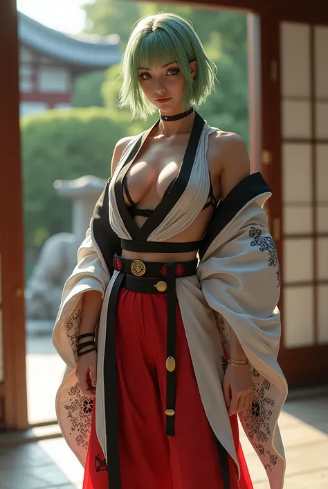 A girl with big curvy body (mascular body), short light green hair, wearing a white, black and red kimono costume, model pose, Japanese house background 