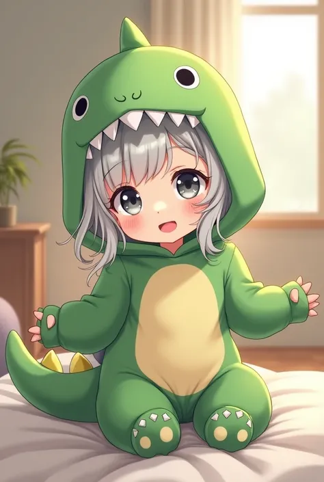 cute anime girl with long light grey hair and grey eyes in green dinosaur onesie