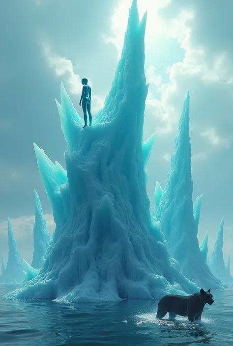 Giant, sharp ice mineral crystals rise from the center of a vast ocean.. And atop those ice mineral crystals sits a man in a bright turquoise metallic wetsuit and diving cap, along with a fierce black puma..