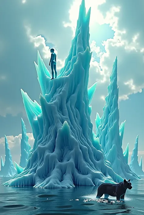 Giant, sharp ice mineral crystals rise from the center of a vast ocean.. And atop those ice mineral crystals sits a man in a bright turquoise metallic wetsuit and diving cap, along with a fierce black puma..