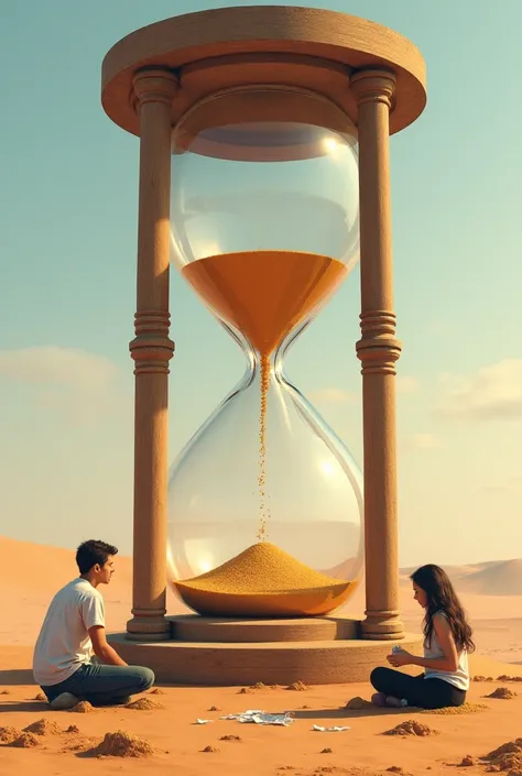 A giant sand clock with grains falling rapidly. A person on the left side is sitting, watching time pass, while another on the right side is building something with her hands, Enjoying every second.