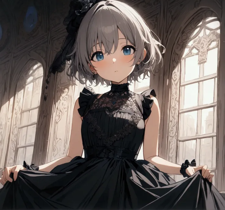 masterpiece, Best Quality, High resolution, One girl, Alone, Anastasia (The Idolmaster), The Idolmaster cinderella girls, blue eyes, Short Hair, Grey Hair, Black Dress, Cowboy Shot, , Mouth closed, upper_body,