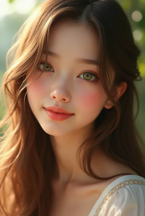  "A realistic 1 girl with smooth, fair skin and long, flowing light brown hair. Her green eyes sparkle under the sunlight, and her smile is gentle and warm. She has a heart-shaped face with a natural blush and soft, glossy lips."

