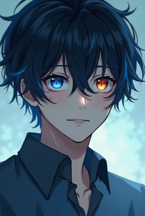 A teenage boy，Black Hair，Some dark blue hair，Left eye blue，Right eye orange，Anime style，Full body shot，（Best quality，4K，8k，high resolution，masterpiece：1.2），Ultra Detail，（Realism，照片级Realism：1.37），portrait，Film Lighting，soft，soft的色彩，Depth of Field，Intricate ...